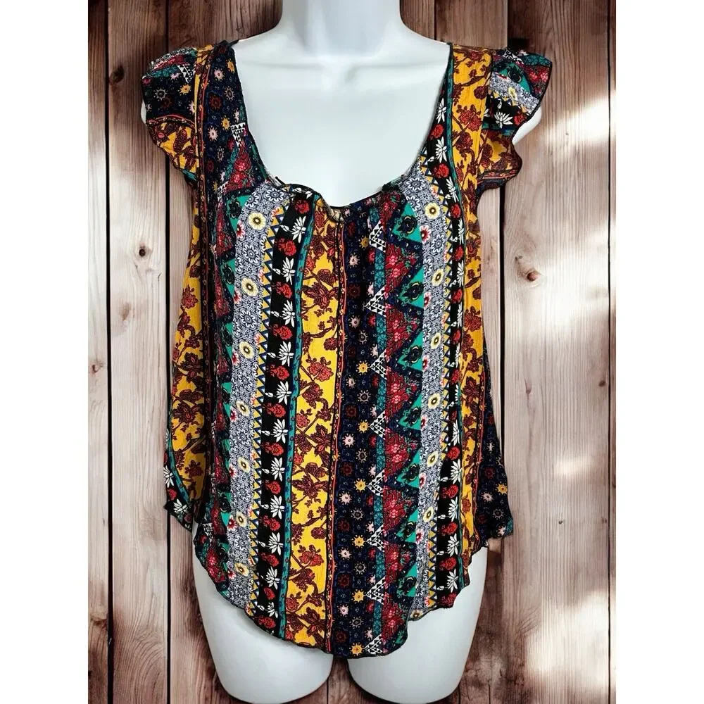 Belle Du Jour Boho Blouse Sz Small Scoop Neck Loose Multi Print Artisan Top - Picture 2 of 7